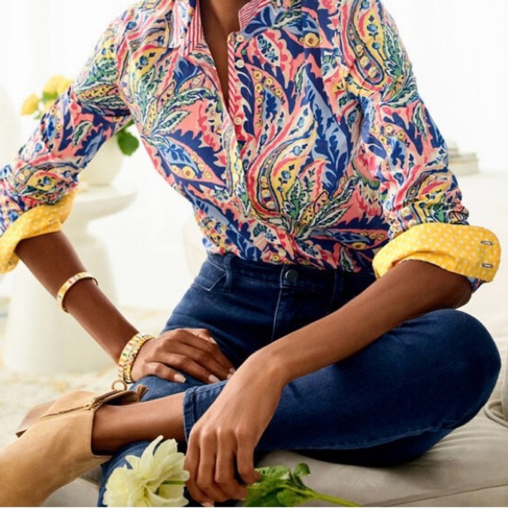 TALBOTS COTTON BUTTON FRONT SHIRT - BOTANICAL PAISLEY - Picture 2 of 5